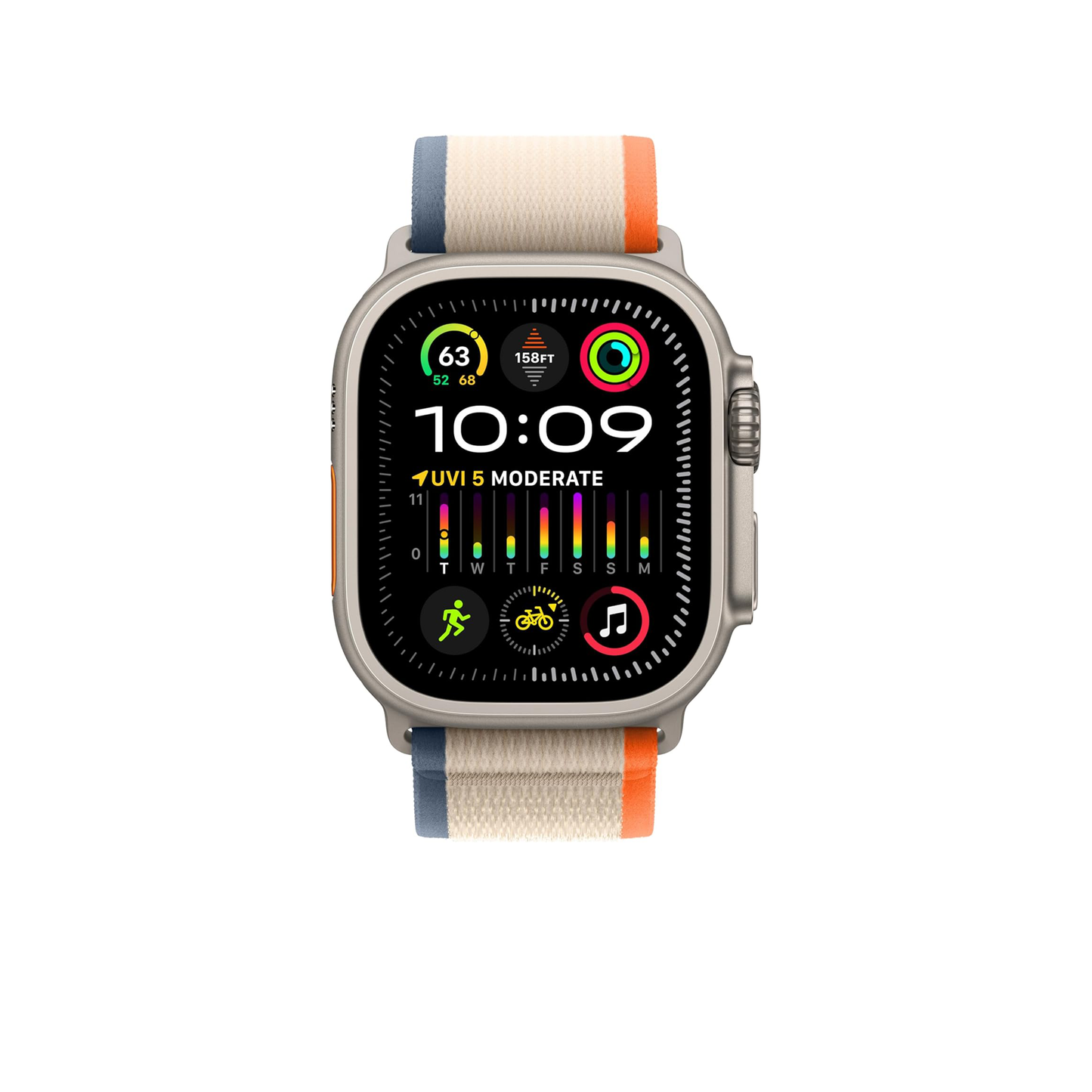 Apple Watch Ultra 2 [GPS + Cellular 49mm] ساعة ذكية مع هيكل متين من التيتانيوم وحلقة تريل برتقالية/بيج مقاس S/M. جهاز تعقب اللياقة البدنية، نظام تحديد المواقع العالمي (GPS) الدقيق، زر الإجراء، عمر بطارية طويل جدًا، محايد للكربون 