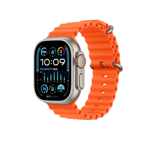 ساعة Apple Watch Ultra 2 [GPS + Cellular 49mm] الذكية مع هيكل متين من التيتانيوم وحزام برتقالي اللون. جهاز تعقب اللياقة البدنية، نظام تحديد المواقع العالمي (GPS) الدقيق، زر الإجراء، عمر بطارية طويل جدًا، شاشة شبكية العين الساطعة 