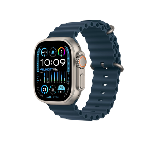 ساعة Apple Watch Ultra 2 [نظام تحديد المواقع + شبكة خلوية 49 ملم] مع هيكل متين من التيتانيوم وحزام محيطي أزرق مقاس واحد. جهاز تعقب اللياقة البدنية، نظام تحديد المواقع العالمي (GPS) الدقيق، زر الإجراء، عمر بطارية طويل جدًا، شاشة شبكية العين الساطعة