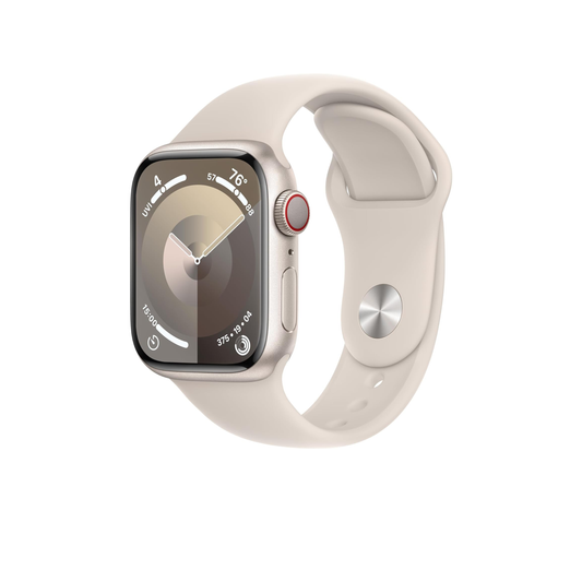 Apple Watch Series 9 [GPS + Cellular 41mm] ساعة ذكية مع هيكل ألومنيوم ستارلايت مع حلقة رياضية ستارلايت. جهاز تتبع اللياقة البدنية، تطبيقات تخطيط القلب، شاشة شبكية العين التي تعمل دائمًا، محايد للكربون