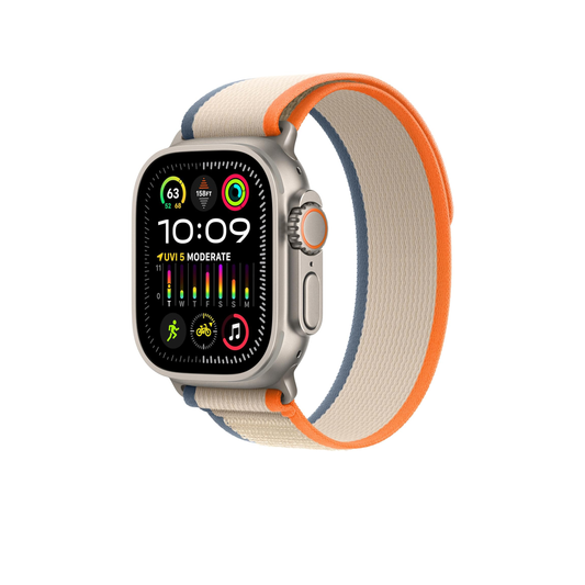 Apple Watch Ultra 2 [GPS + Cellular 49mm] ساعة ذكية مع هيكل متين من التيتانيوم وحلقة تريل برتقالية/بيج مقاس S/M. جهاز تعقب اللياقة البدنية، نظام تحديد المواقع العالمي (GPS) الدقيق، زر الإجراء، عمر بطارية طويل جدًا، محايد للكربون 