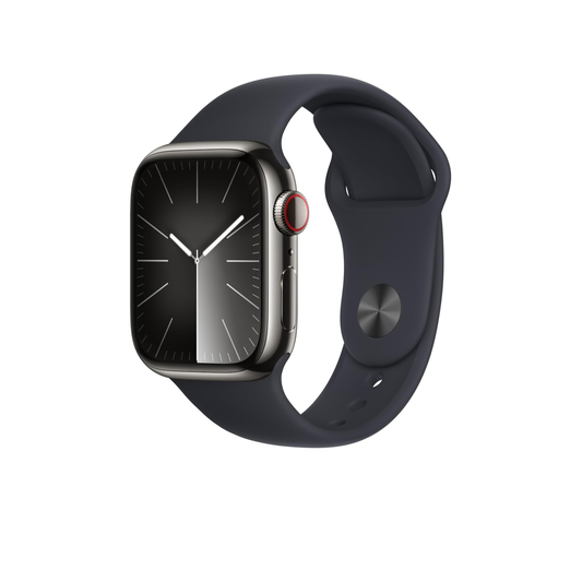Apple Watch Series 9 [GPS + Cellular 41mm] ساعة ذكية مع هيكل من الفولاذ المقاوم للصدأ جرافيت مع حزام رياضي منتصف الليل S/M. جهاز تتبع اللياقة البدنية، تطبيقات تخطيط القلب، شاشة شبكية العين التي تعمل دائمًا