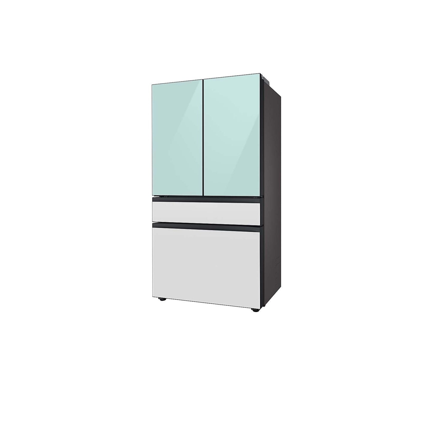 ثلاجة مخصصة بباب فرنسي بأربعة أبواب (23 قدمًا مكعبًا) مع ألواح علوية من الزجاج باللون الأزرق الصباحي وألواح وسطى وسفلية من الزجاج الأبيض