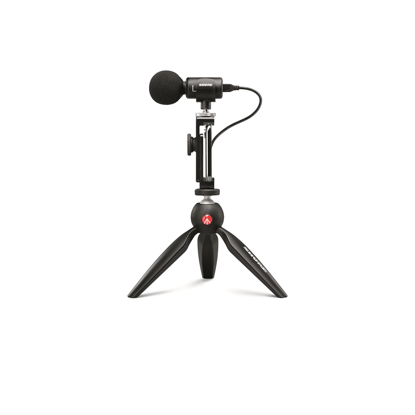 مجموعة فيديو Shure MV88+ - ميكروفون مكثف استريو رقمي لأجهزة Apple وAndroid، مع حامل ثلاثي القوائم Manfrotto PIXI، ومشبك هاتف، وحامل، وiOS وUSB-C للتوافق والاتصال على المستوى التالي 