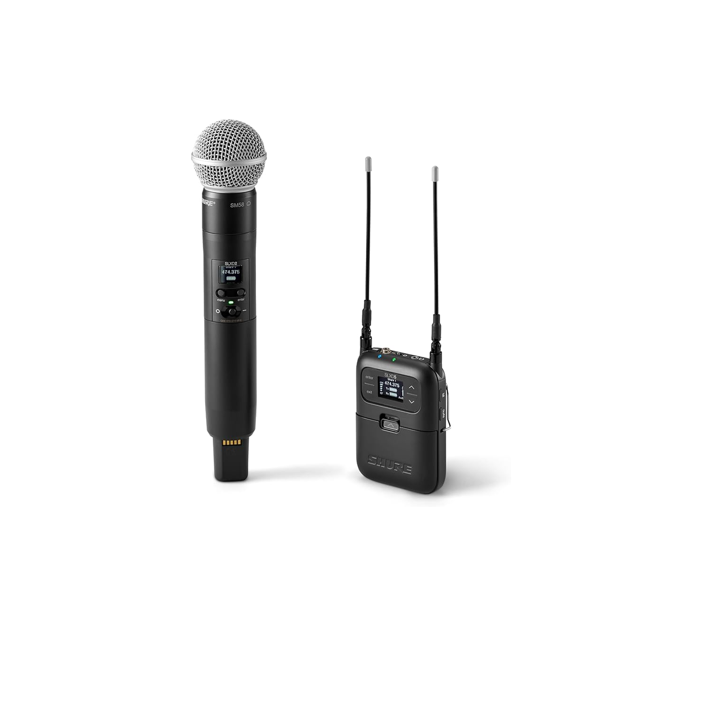 نظام Shure SLXD25/SM58 اللاسلكي الرقمي المحمول مع جهاز إرسال محمول SLXD2 مع ميكروفون صوتي ديناميكي قلبي أسطوري SM58 وجهاز استقبال أحادي القناة SLXD5 | نطاق G58 (470-514 ميجاهرتز) 