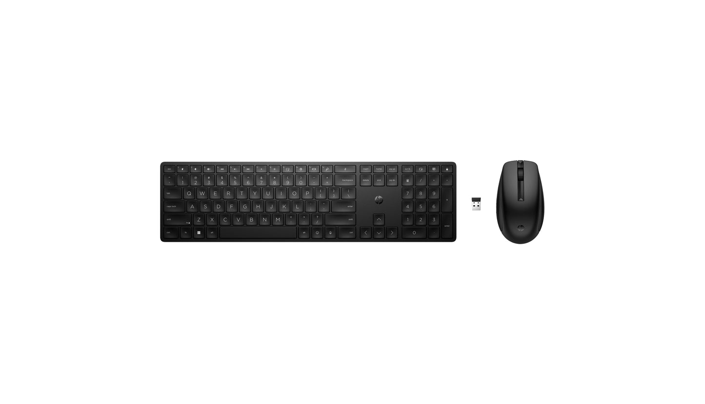 HP 655 Wireless Keyboard and Mouse Combo for business, 2.4 GHz wireless connection, One wireless USB connection.