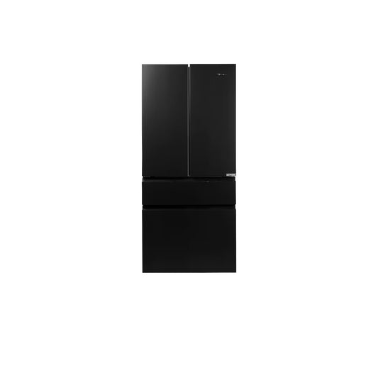 ثلاجة بباب فرنسي بأربعة أبواب مخصصة (23 قدمًا مكعبًا) مع ألوان لوحة الباب القابلة للتخصيص ومركز المشروبات™ بألواح علوية من الزجاج الأسود مع لوحة وسطى وسفلية من الفولاذ البحري. 