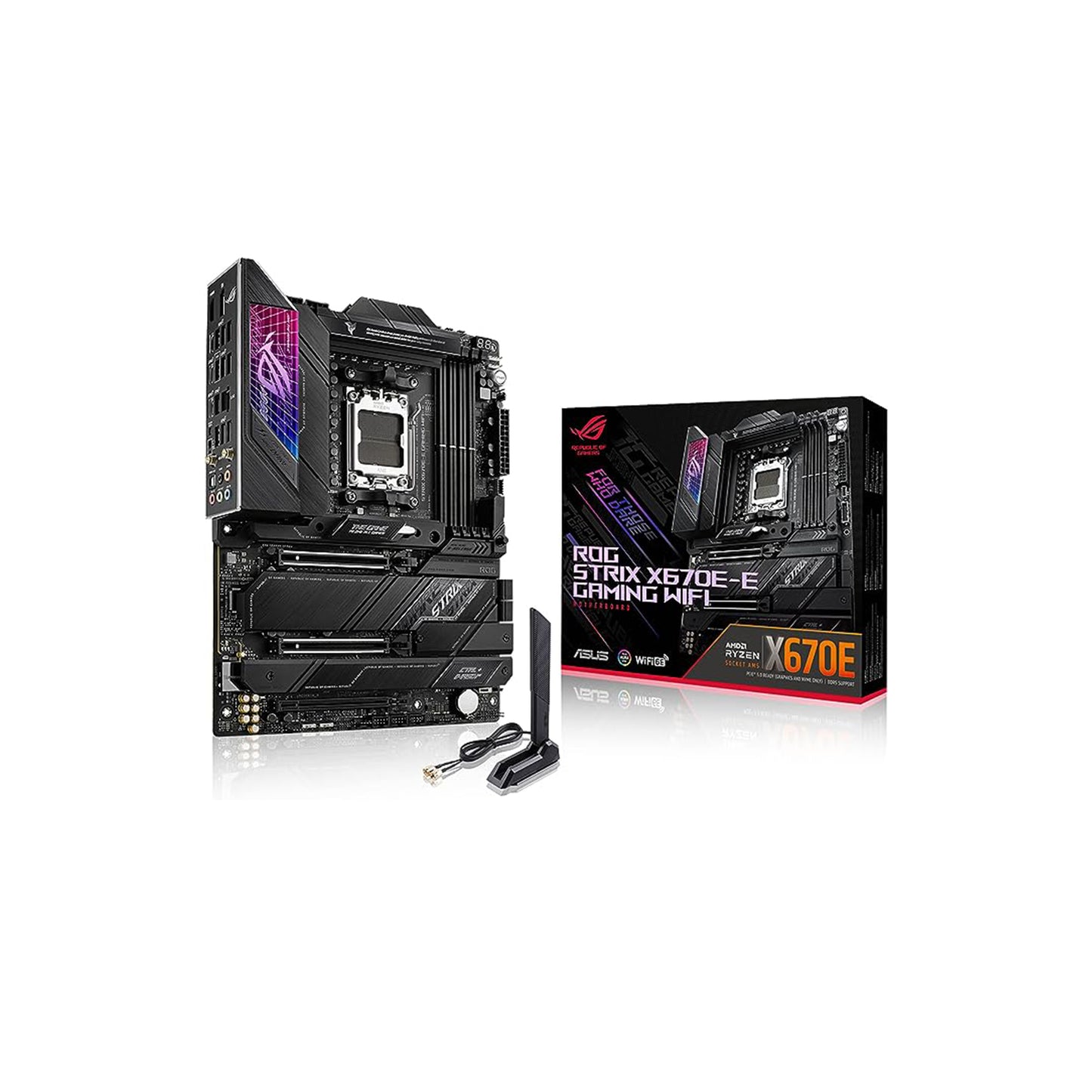 مقبس الألعاب ASUS ROG Strix X670E-E AM5(LGA 1718) Ryzen 7000 ATX (18+2 مرحلة طاقة، PCIe® 5.0، DDR، 4xM.2 فتحات، USB 3.2 Gen 2x2، WiFi 6E، فتحة PCIe Q-Release، M .2 مزلاج Q) 