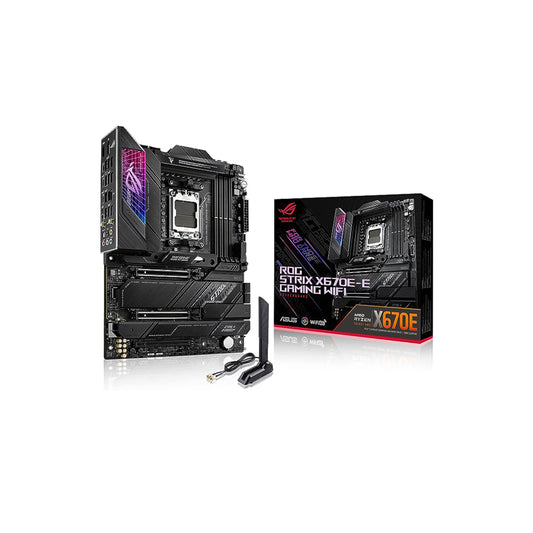 مقبس الألعاب ASUS ROG Strix X670E-E AM5(LGA 1718) Ryzen 7000 ATX (18+2 مرحلة طاقة، PCIe® 5.0، DDR، 4xM.2 فتحات، USB 3.2 Gen 2x2، WiFi 6E، فتحة PCIe Q-Release، M .2 مزلاج Q) 