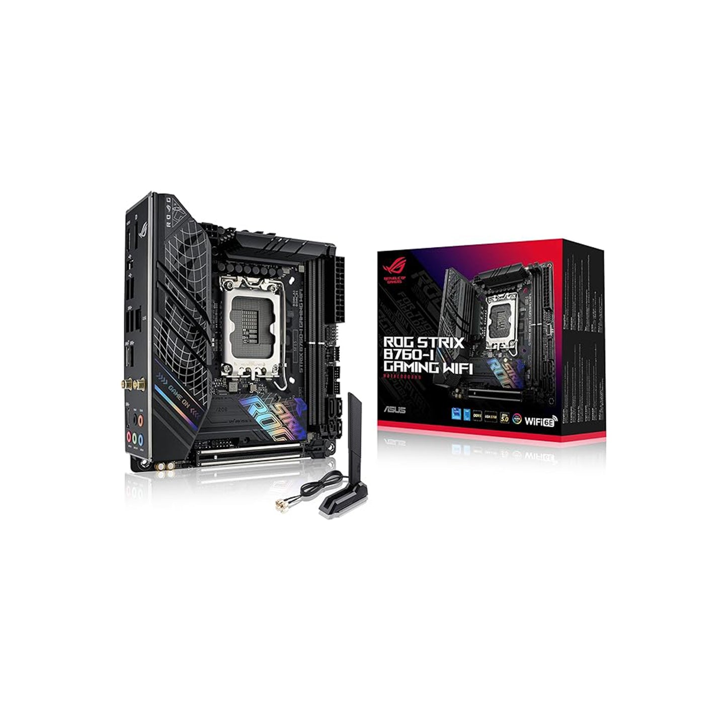 ASUS ROG Strix B760-I Gaming WiFi 6E Intel® B760 (الجيل الثالث عشر والثاني عشر) اللوحة الأم LGA 1700 mini-ITX، مراحل طاقة 8 + 1، DDR5 حتى 7600 MT/s، فتحات PCIe 5.0،2xM.2، USB 3.2 Gen 2x2 نوع C، تقنية Aura Sync RGB 