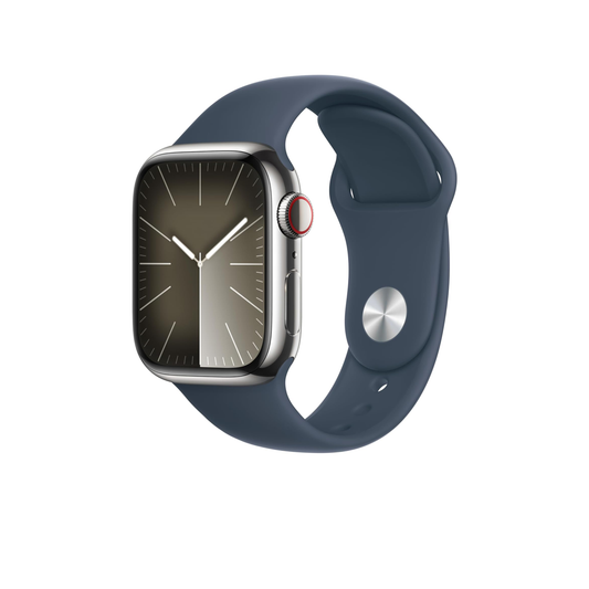 Apple Watch Series 9 [GPS + Cellular 45mm] ساعة ذكية مع هيكل فضي من الفولاذ المقاوم للصدأ وحزام رياضي باللون الأزرق العاصف S/M. جهاز تعقب اللياقة البدنية، وتطبيقات الأكسجين في الدم وتخطيط القلب، وشاشة شبكية العين التي تعمل دائمًا