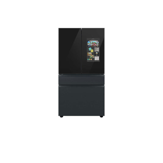 Bespoke 4-Door French Door Refrigerator (23 cu. ft.) – with Top Left and Family Hub™ Panel in Charcoal Glass - and Matte Black Steel Middle and Bottom Panels.
