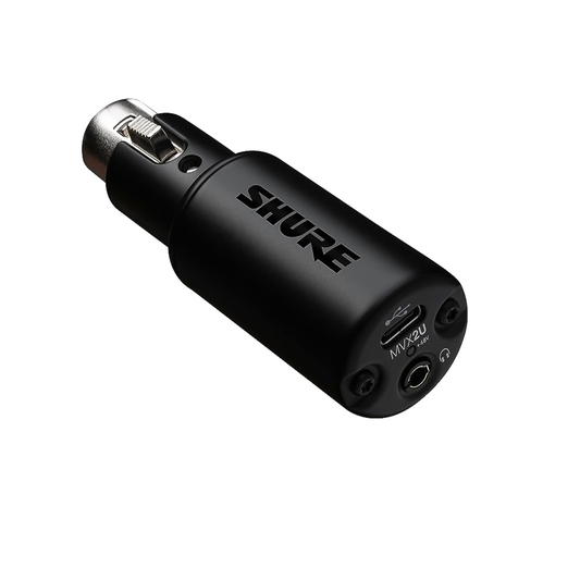 واجهة Shure MVX2U XLR-to-USB الرقمية مع مقبس سماعة الرأس، مضخم مسبق مدمج مع تحكم في الكسب بمعدل 60 ديسيبل، مراقبة زمن الوصول الصفري، طاقة فانتوم 48 فولت، تطبيق سطح المكتب ShurePlus، كابل USB-C بطول 1 متر 