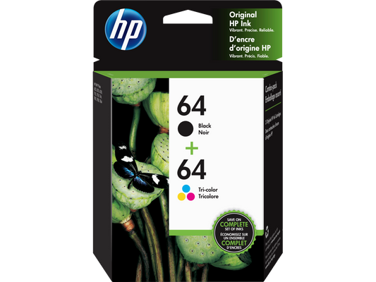 HP 64 2-pack Black/Tri-color Original Ink Cartridges, X4D92AN#140