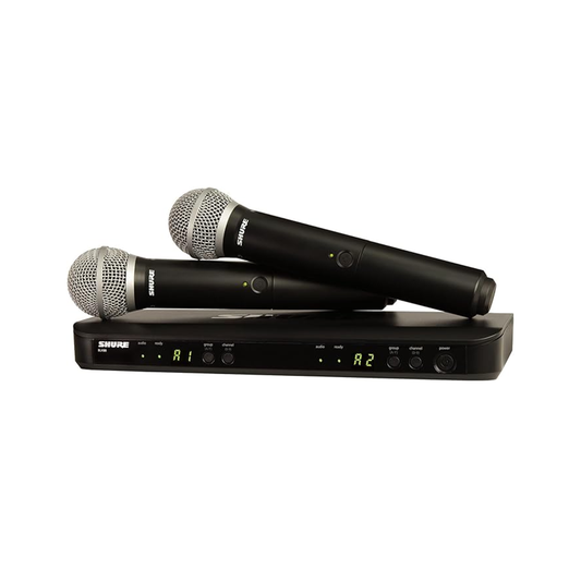 نظام الميكروفون اللاسلكي Shure BLX288/PG58 UHF - مثالي للكنيسة والكاريوكي والغناء - عمر البطارية 14 ساعة، نطاق 300 قدم | يتضمن (2) ميكروفونات صوتية محمولة PG58، جهاز استقبال مزدوج القناة | فرقة H10 