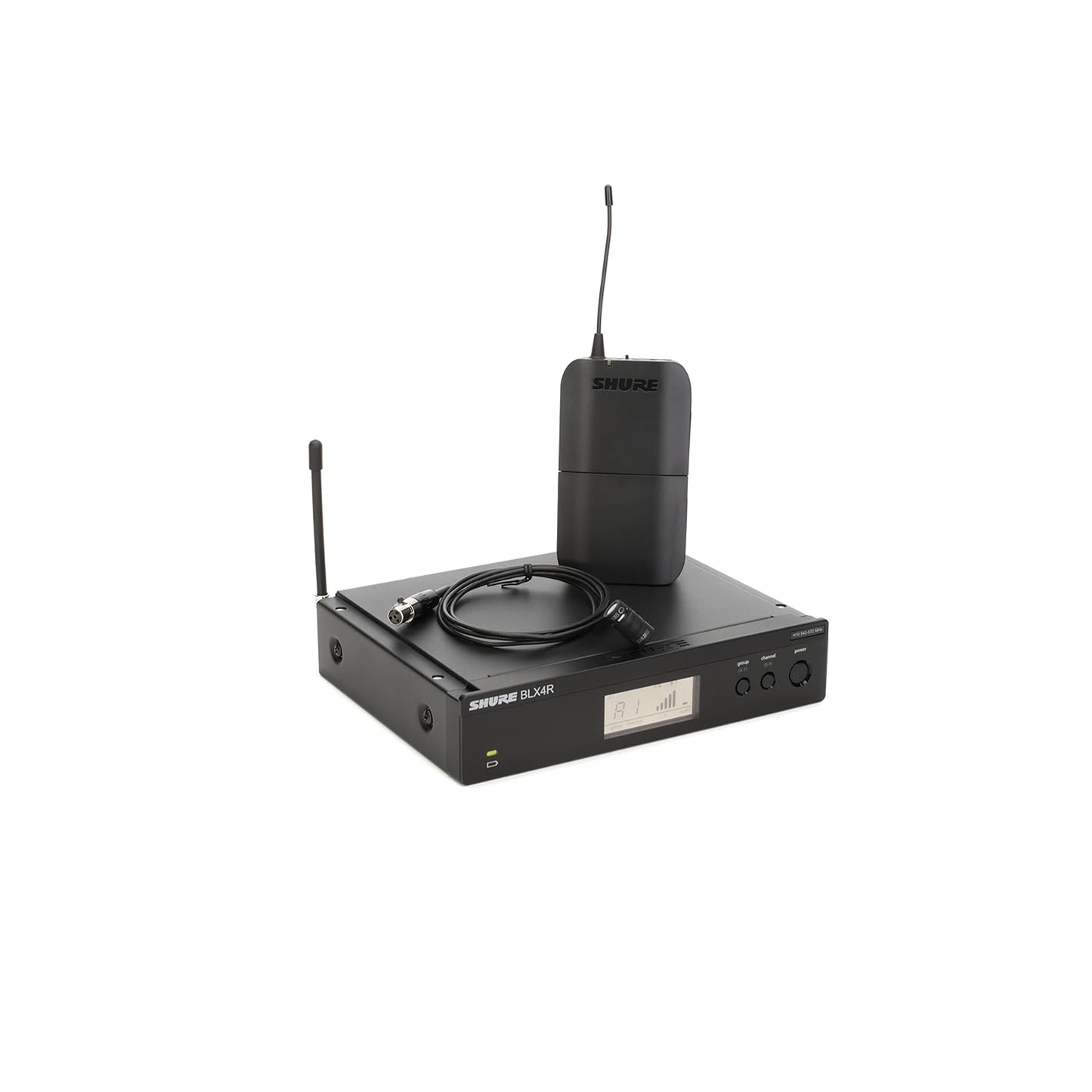 نظام ميكروفون لاسلكي Shure BLX14R/W85 UHF، عمر بطارية 14 ساعة، نطاق 300 قدم، ميكروفون WL185 Lavalier، جهاز استقبال مثبت على حامل قناة واحدة 