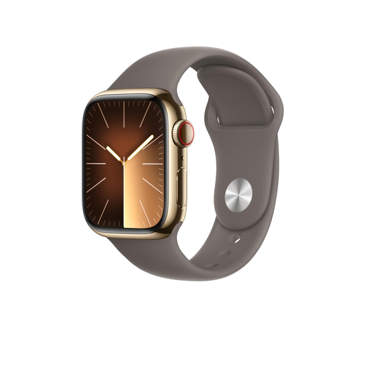 Apple Watch Series 9 [GPS + Cellular 41mm] ساعة ذكية مع هيكل ذهبي من الفولاذ المقاوم للصدأ وحزام رياضي ذهبي S/M. جهاز تعقب اللياقة البدنية، وتطبيقات الأكسجين في الدم وتخطيط القلب، وشاشة شبكية العين التي تعمل دائمًا 