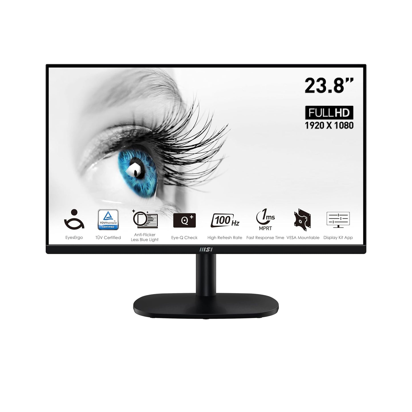 MSI 24" Monitor, TUV certified, Anti-Flicker, 100Hz, 1ms, FHD 1920 x 1080, 16:9 VA, Tilt, VESA, VGA, HDMI, Matte Black, PRO MP245V