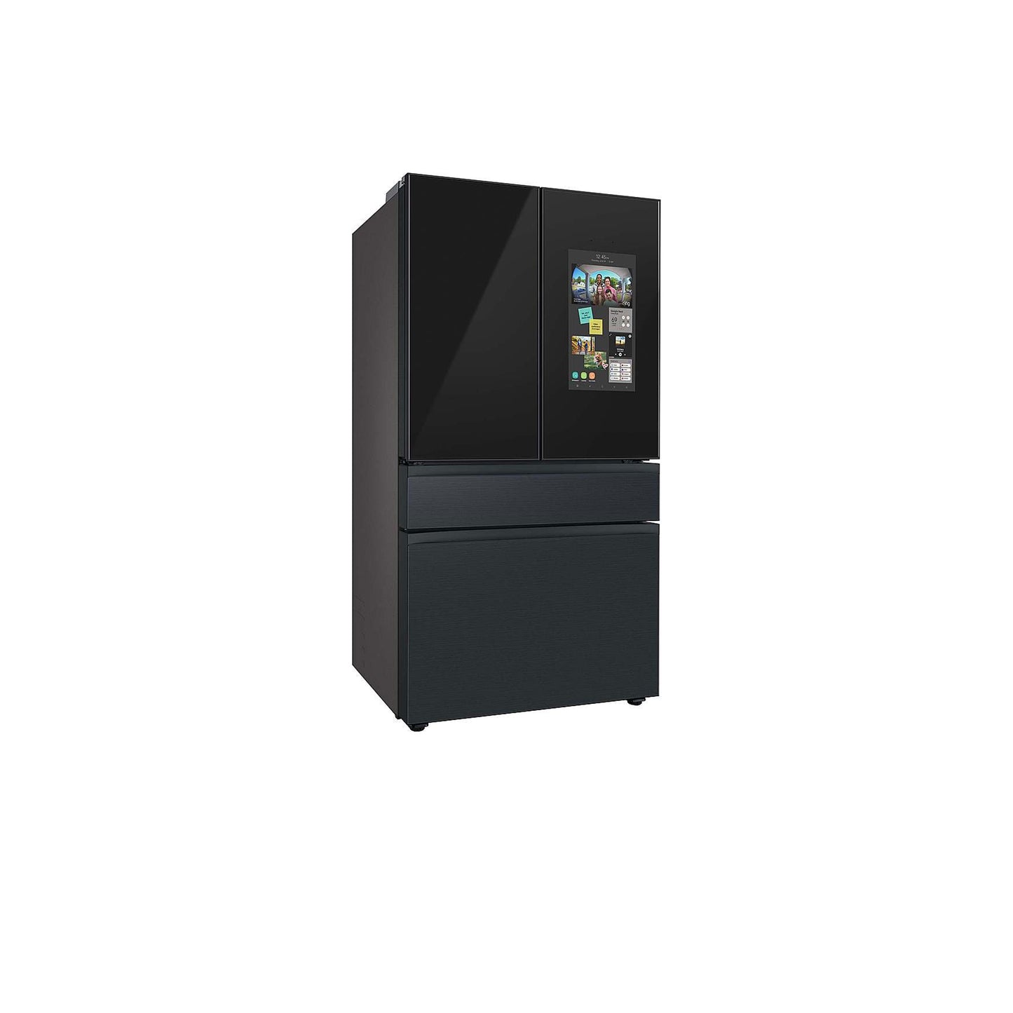 ثلاجة مخصصة بباب فرنسي بأربعة أبواب (23 قدمًا مكعبًا) - مع لوحة علوية يسارية وFamily Hub™ مصنوعة من الزجاج الفحمي - وألواح وسطى وسفلية من الفولاذ باللون الأسود غير اللامع. 