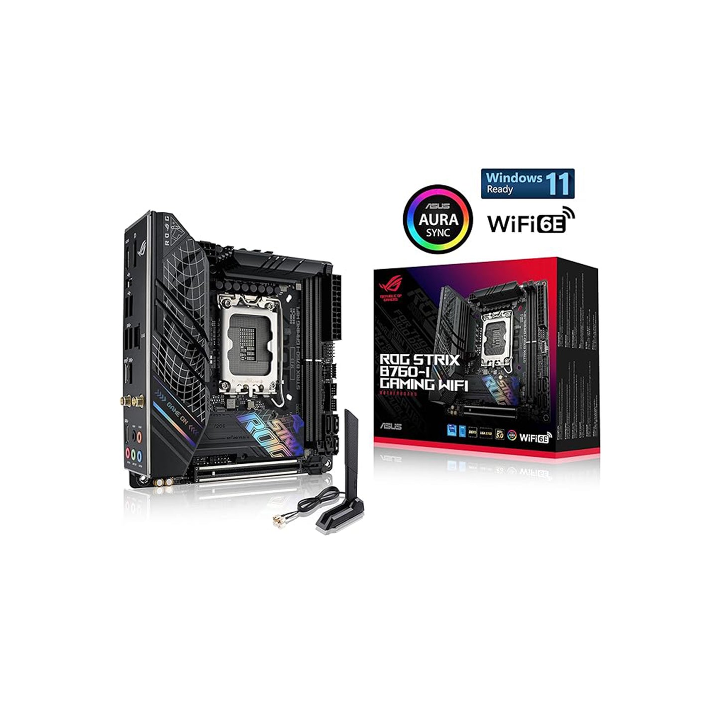 ASUS ROG Strix B760-I Gaming WiFi 6E Intel® B760 (الجيل الثالث عشر والثاني عشر) اللوحة الأم LGA 1700 mini-ITX، مراحل طاقة 8 + 1، DDR5 حتى 7600 MT/s، فتحات PCIe 5.0،2xM.2، USB 3.2 Gen 2x2 نوع C، تقنية Aura Sync RGB 