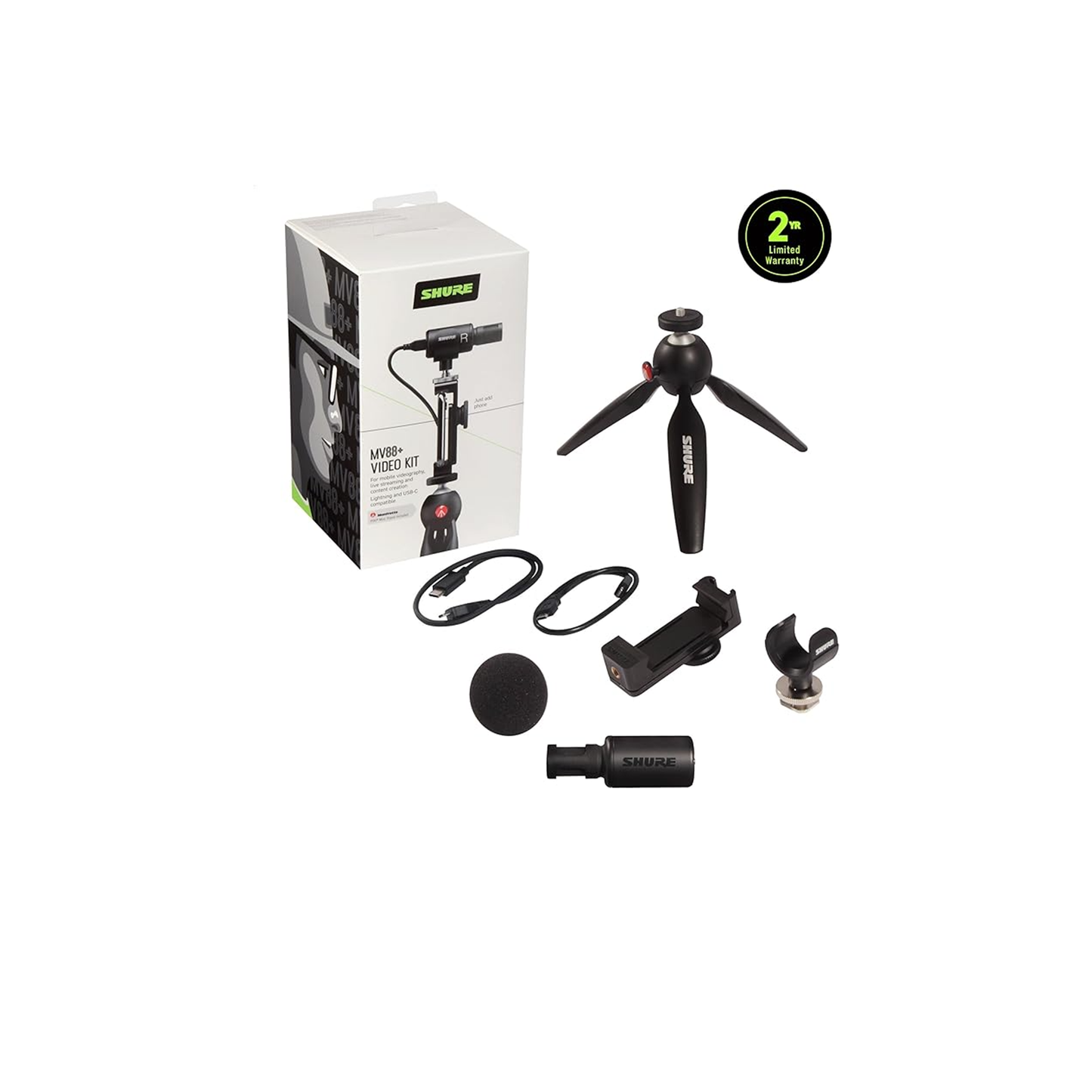 Shure MV88+ Video Kit - Digital Stereo Condenser Microphone for Apple and Android, with Manfrotto PIXI Tripod, Phone Clamp, Mount, iOS and USB-C Cables for Next-Level Compatibility and Connectivity