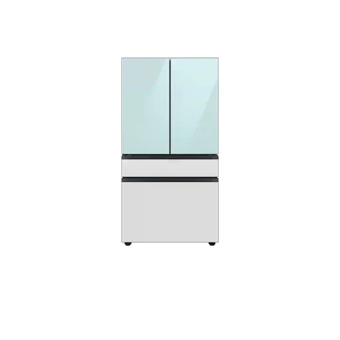 Bespoke 4-Door French Door Refrigerator (23 cu. ft.) with Beverage Center™ in Morning Blue Glass Top Panels and White Glass Middle and Bottom Panels.