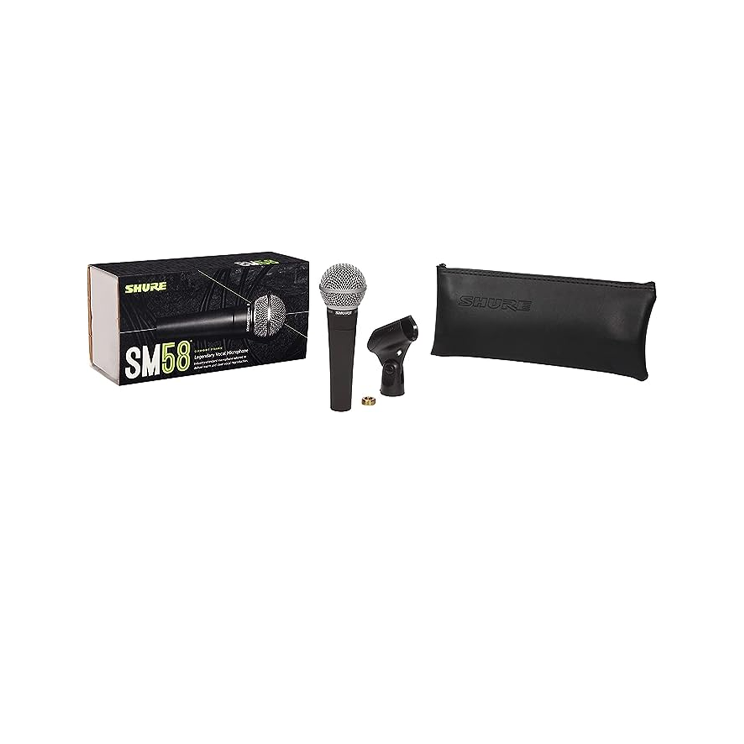 Shure SM58-LC Cardioid Dynamic Vocal Microphone with Pneumatic Shock Mount, Spherical Mesh Grille with Built-in Pop Filter, A25D Mic Clip, Storage Bag, 3-pin XLR Connector