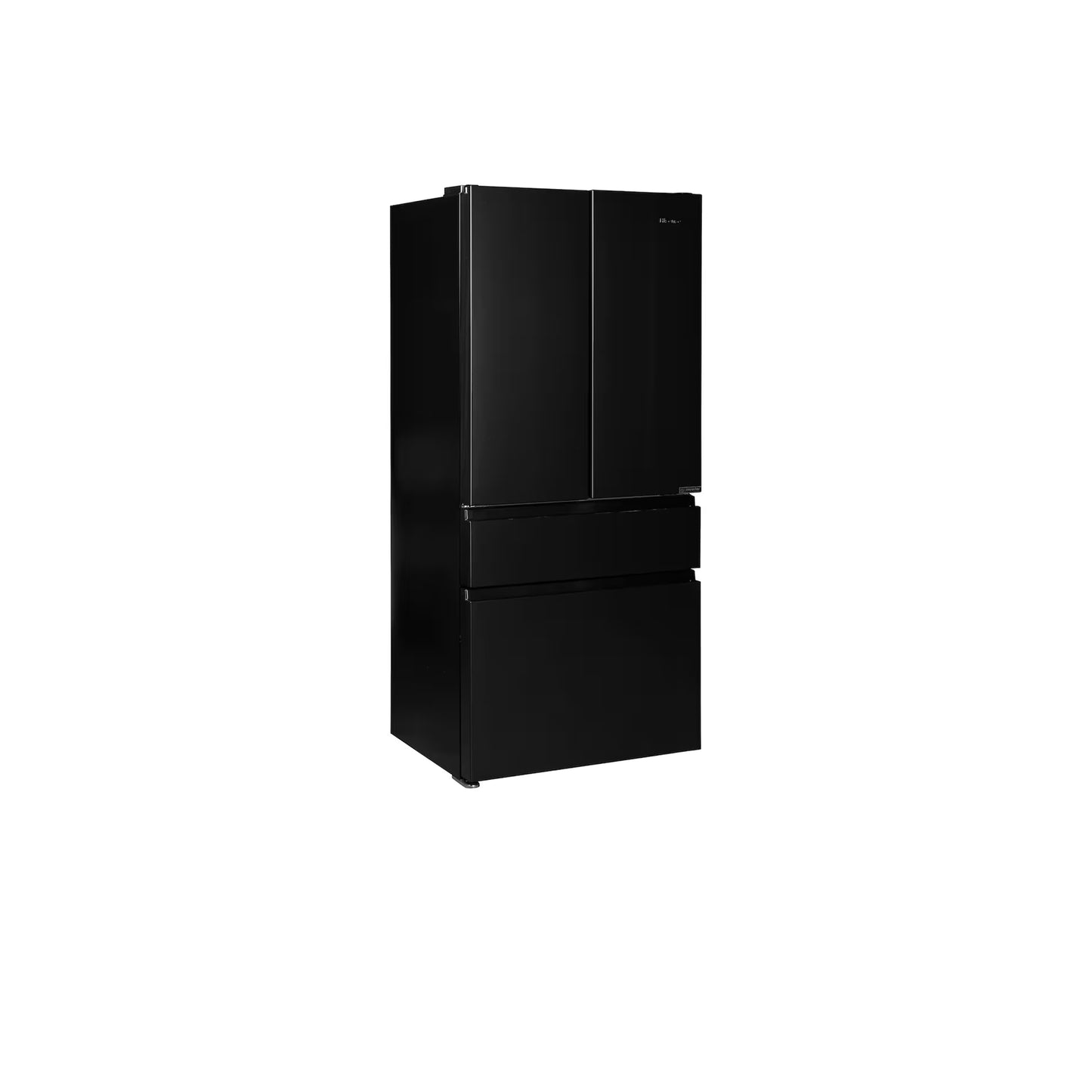Bespoke 4-Door French Door Refrigerator (23 cu. ft.) with Customizable Door Panel Colors and Beverage Center™ in Black Glass Top Panels with Navy Steel Middle and Bottom Panel.