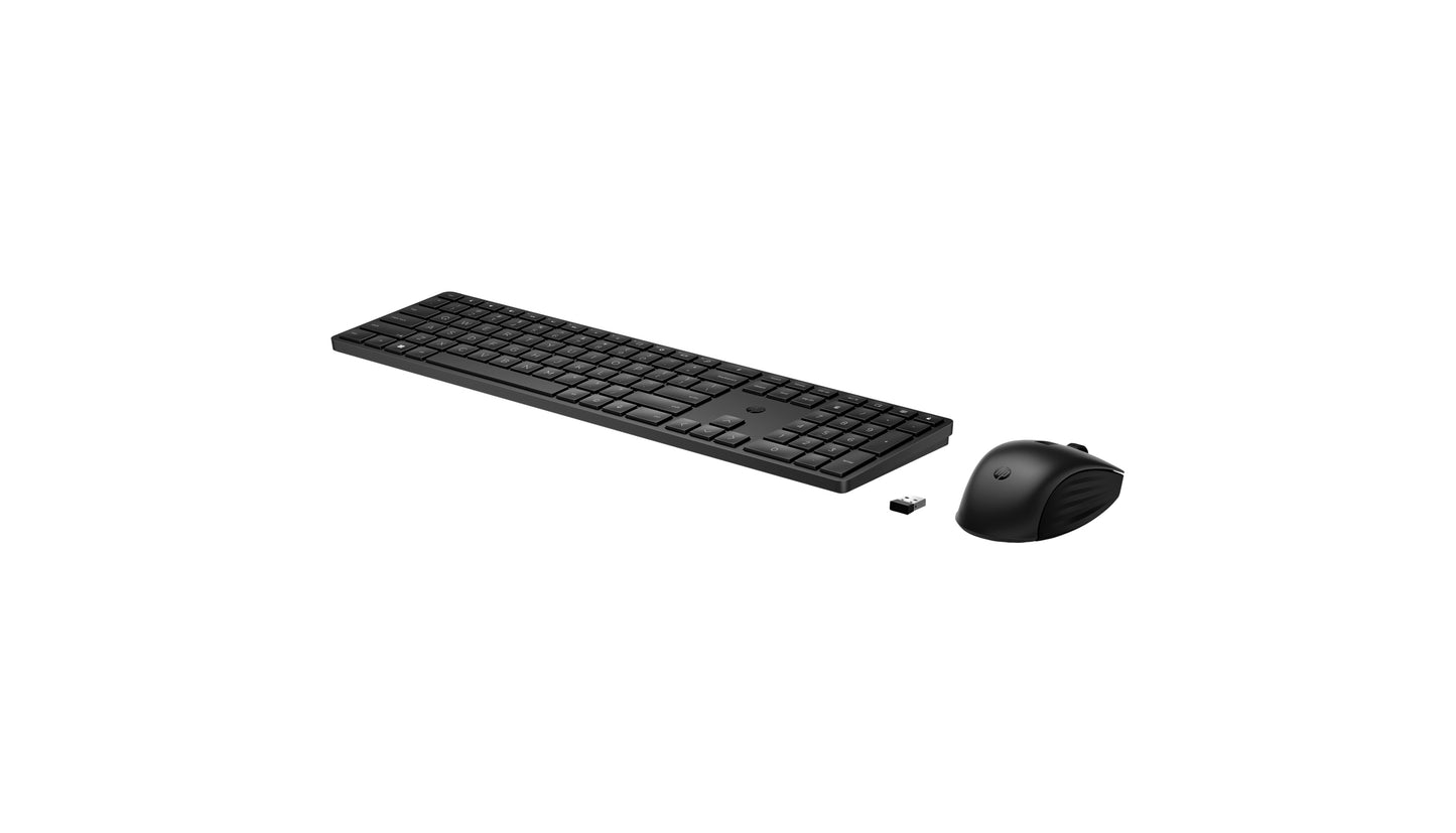 HP 655 Wireless Keyboard and Mouse Combo for business, 2.4 GHz wireless connection, One wireless USB connection.