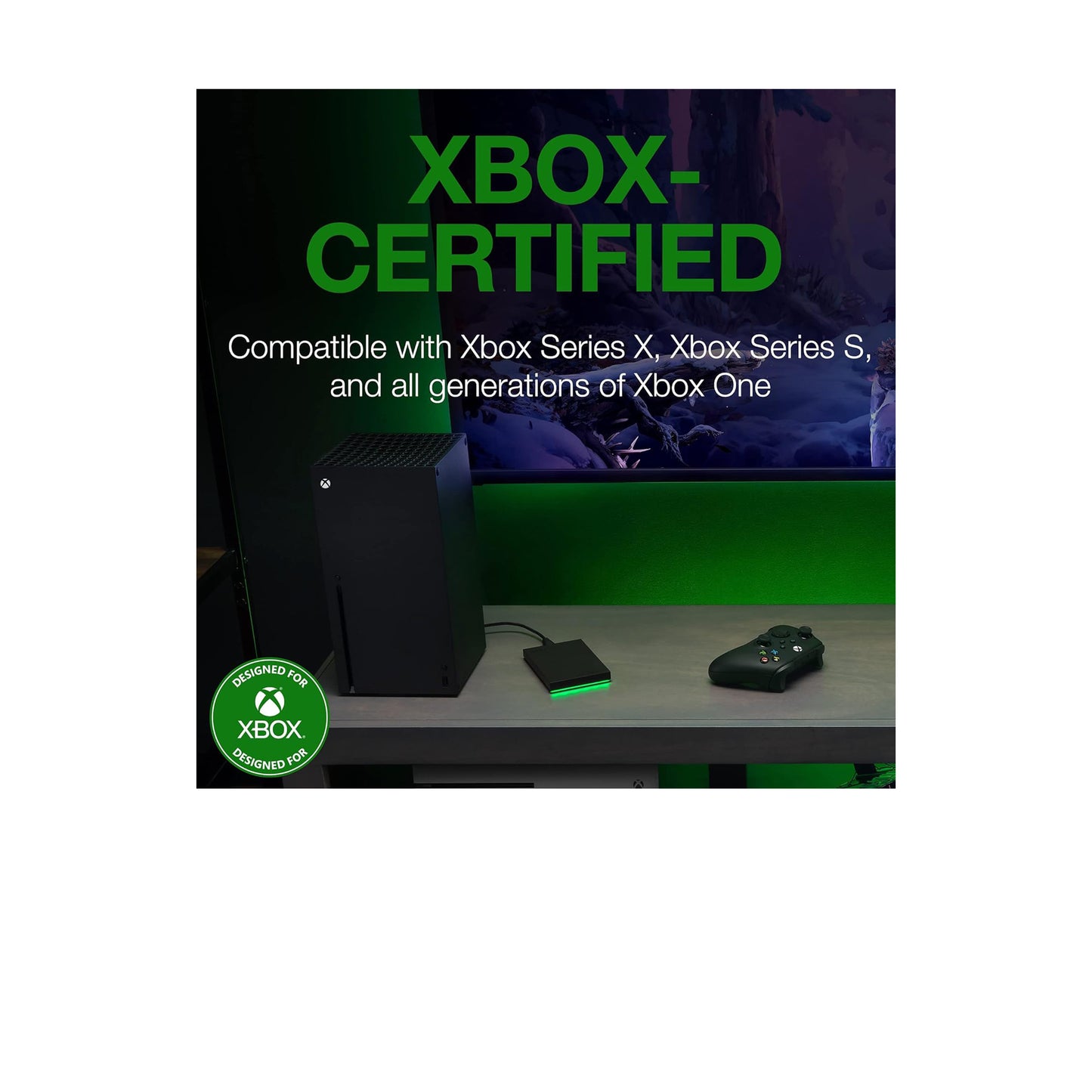 Seagate - محرك ألعاب لأجهزة Xbox 2 تيرابايت محرك أقراص ثابت خارجي USB 3.2 Gen 1 معتمد من Xbox مع شريط LED أخضر - أسود 