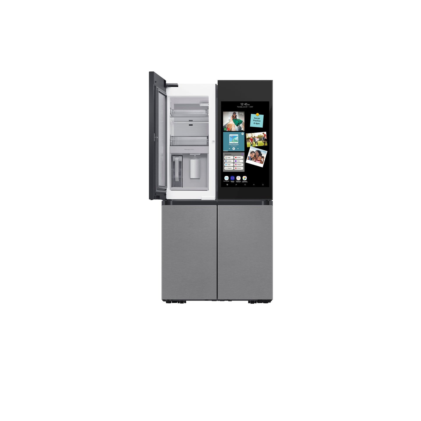 Bespoke 4-Door Flex™ Refrigerator (29 cu. ft.) with Family Hub™+ in Charcoal Glass Top and Stainless Steel Bottom Panels.