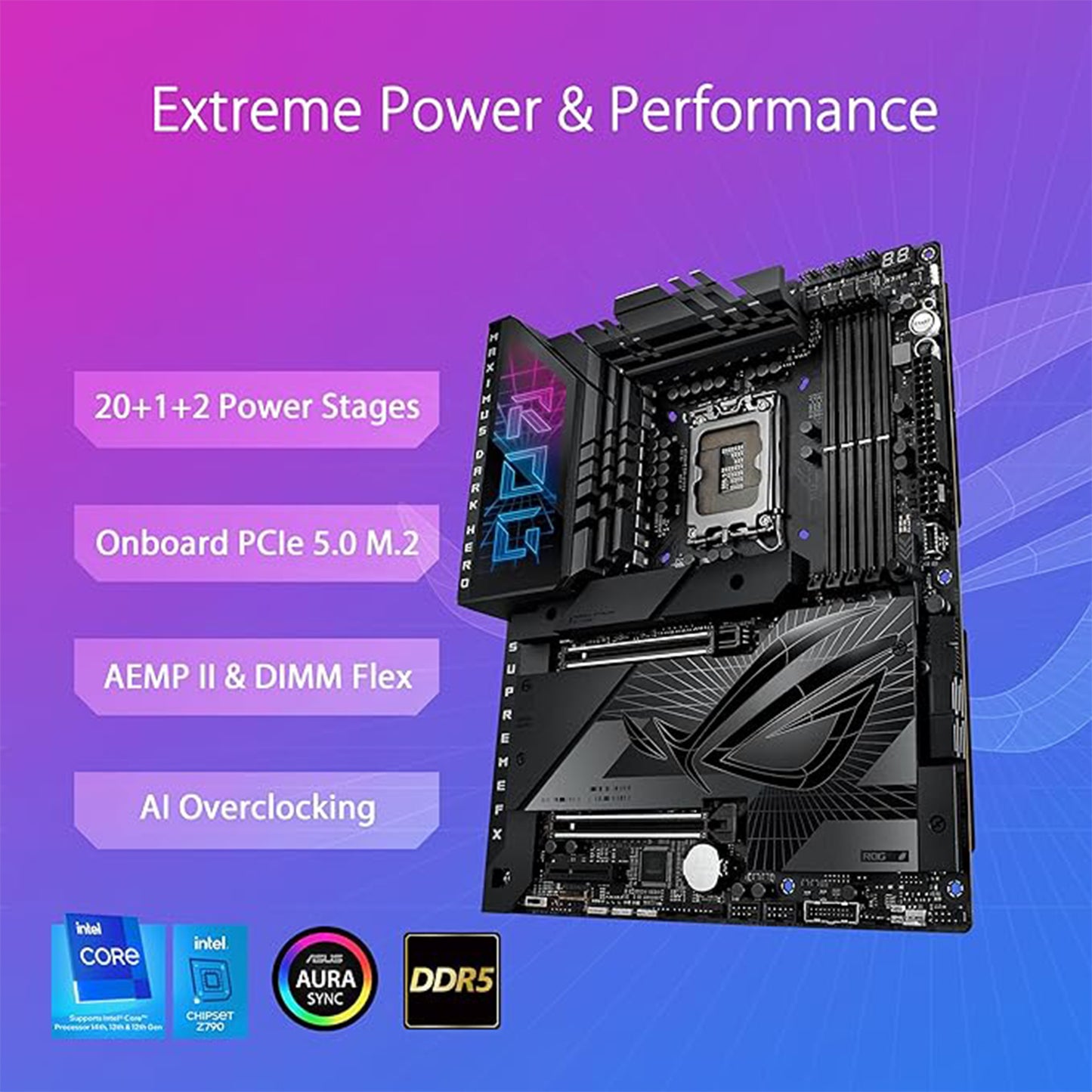 ASUS ROG Maximus Z790 Dark Hero (WiFi 7) LGA 1700 (Intel 14th &amp; 13th &amp; 12th Gen) اللوحة الأم للألعاب ATX (PCIe 5.0x16، 5xM.2 فتحات، DDR5، 2X Thunderbolt 4 منافذ، لوحة أمامية USB من النوع C) 