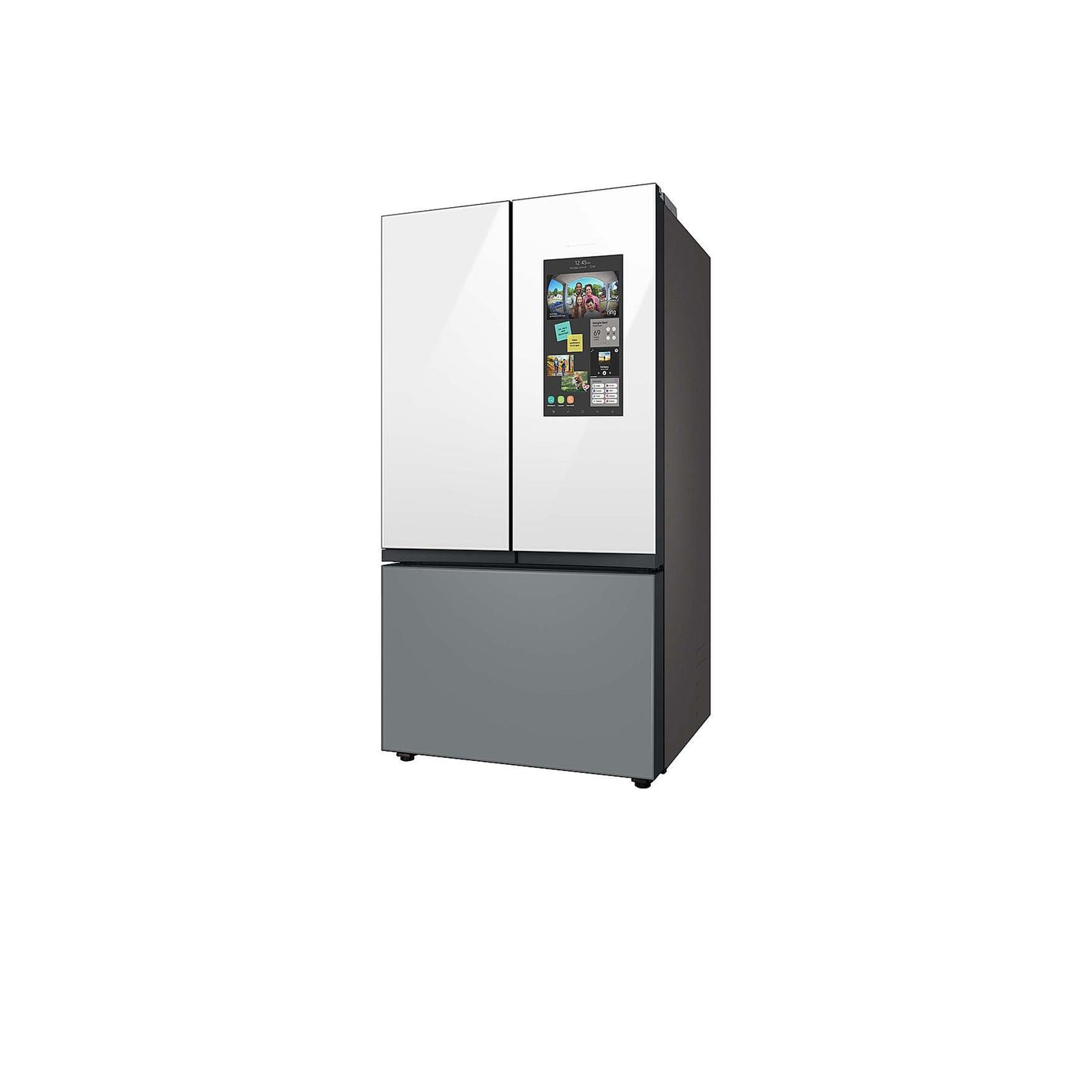 Bespoke 3-Door French Door Refrigerator (24 cu. ft.) – with Top Left and Family Hub™ Panel in White Glass - and Matte Grey Glass Bottom Door Panel.
