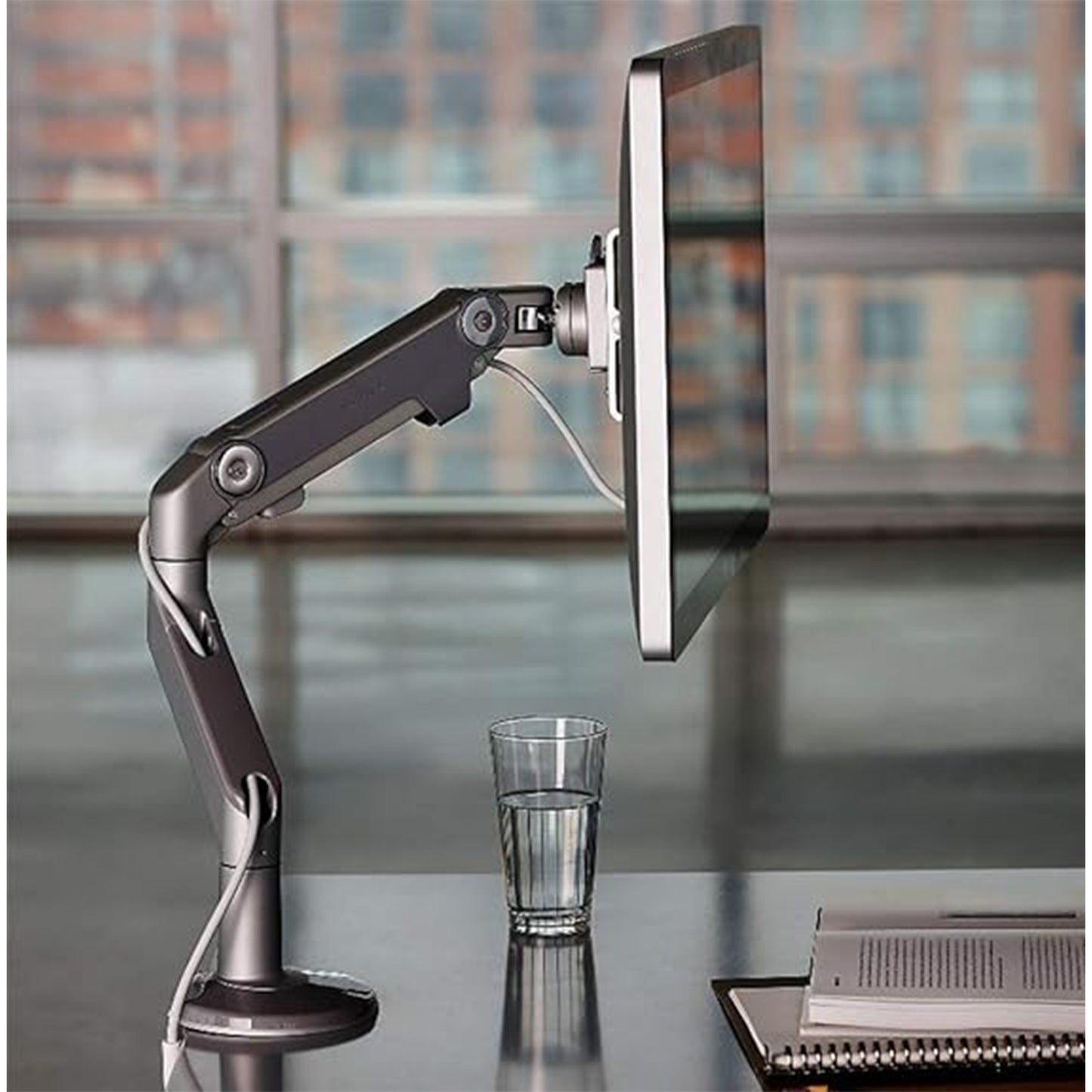 Humanscale M8 Adjustable Articulating Monitor Arm - Bolt Through Mount with Base - Polished Aluminum with White Trim