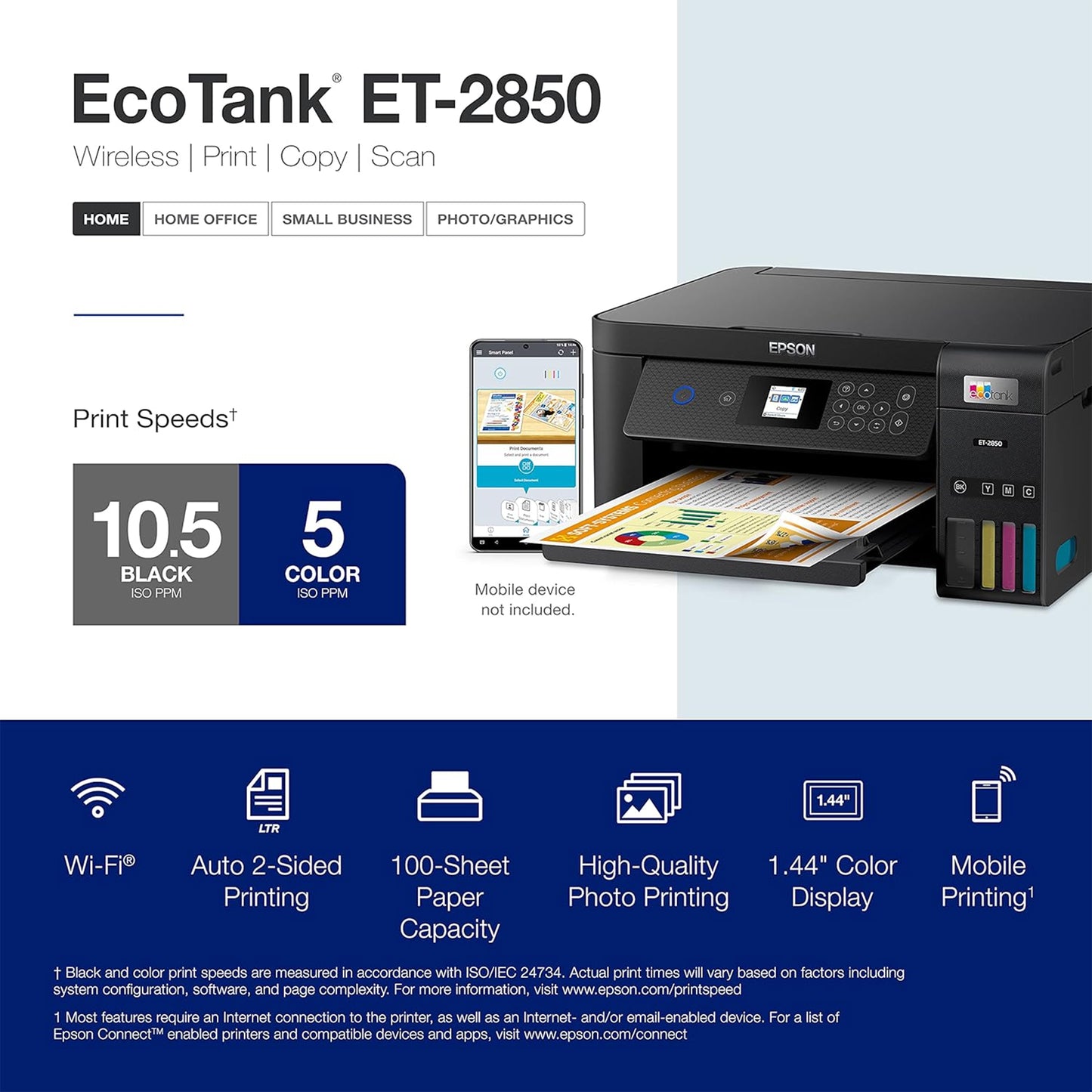 طابعة Epson EcoTank ET-2850 اللاسلكية الملونة الكل في واحد Supertank خالية من خرطوشة مع المسح الضوئي والنسخ والطباعة التلقائية على الوجهين - أسود، متوسط