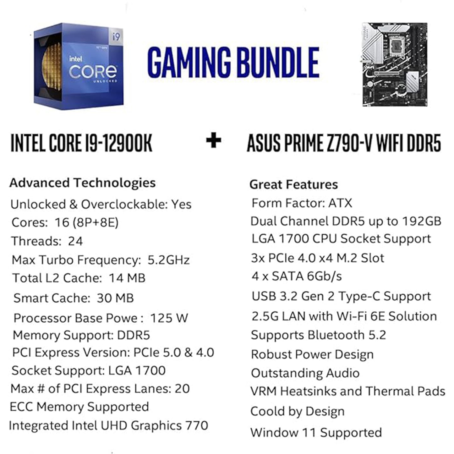 Micro Center Intel Core i9-12900K 16 (8P+8E) Cores up to 5.2 GHz Unlocked LGA 1700 Desktop Processor with Integrated Intel UHD Graphics 770 Bundle with ASUS Prime Z790-V WiFi DDR5 ATX Motherboard