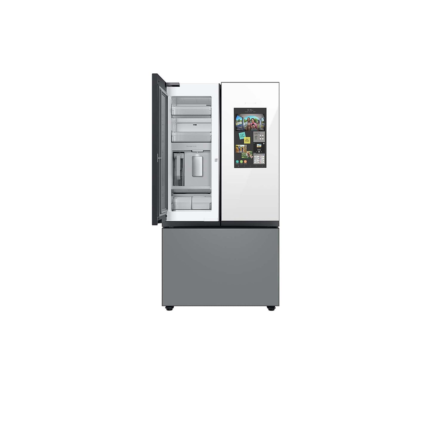 Bespoke 3-Door French Door Refrigerator (24 cu. ft.) – with Top Left and Family Hub™ Panel in White Glass - and Matte Grey Glass Bottom Door Panel.