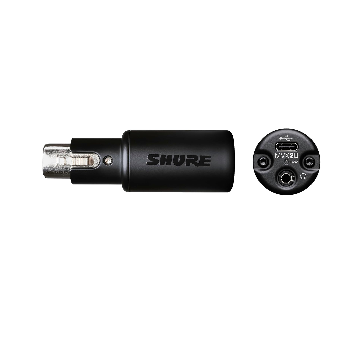 واجهة Shure MVX2U XLR-to-USB الرقمية مع مقبس سماعة الرأس، مضخم مسبق مدمج مع تحكم في الكسب بمعدل 60 ديسيبل، مراقبة زمن الوصول الصفري، طاقة فانتوم 48 فولت، تطبيق سطح المكتب ShurePlus، كابل USB-C بطول 1 متر 