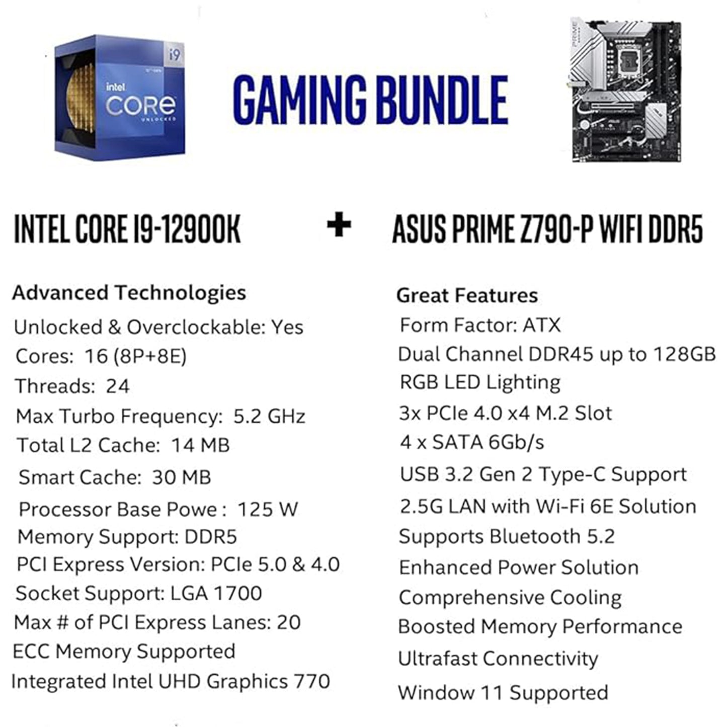 Micro Center Intel Core i9-12900K 16 (8P+8E) Cores up to 5.2 GHz Unlocked Desktop Processor with Integrated Intel UHD Graphics 770 Bundle with ASUS Prime Z790-P WiFi DDR5 ATX Gaming Motherboard