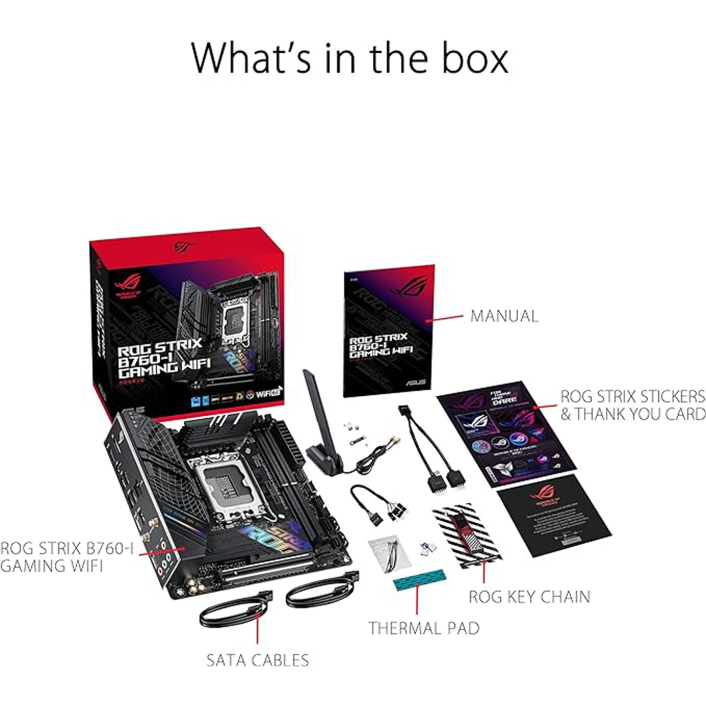 ASUS ROG Strix B760-I Gaming WiFi 6E Intel® B760 (الجيل الثالث عشر والثاني عشر) اللوحة الأم LGA 1700 mini-ITX، مراحل طاقة 8 + 1، DDR5 حتى 7600 MT/s، فتحات PCIe 5.0،2xM.2، USB 3.2 Gen 2x2 نوع C، تقنية Aura Sync RGB 