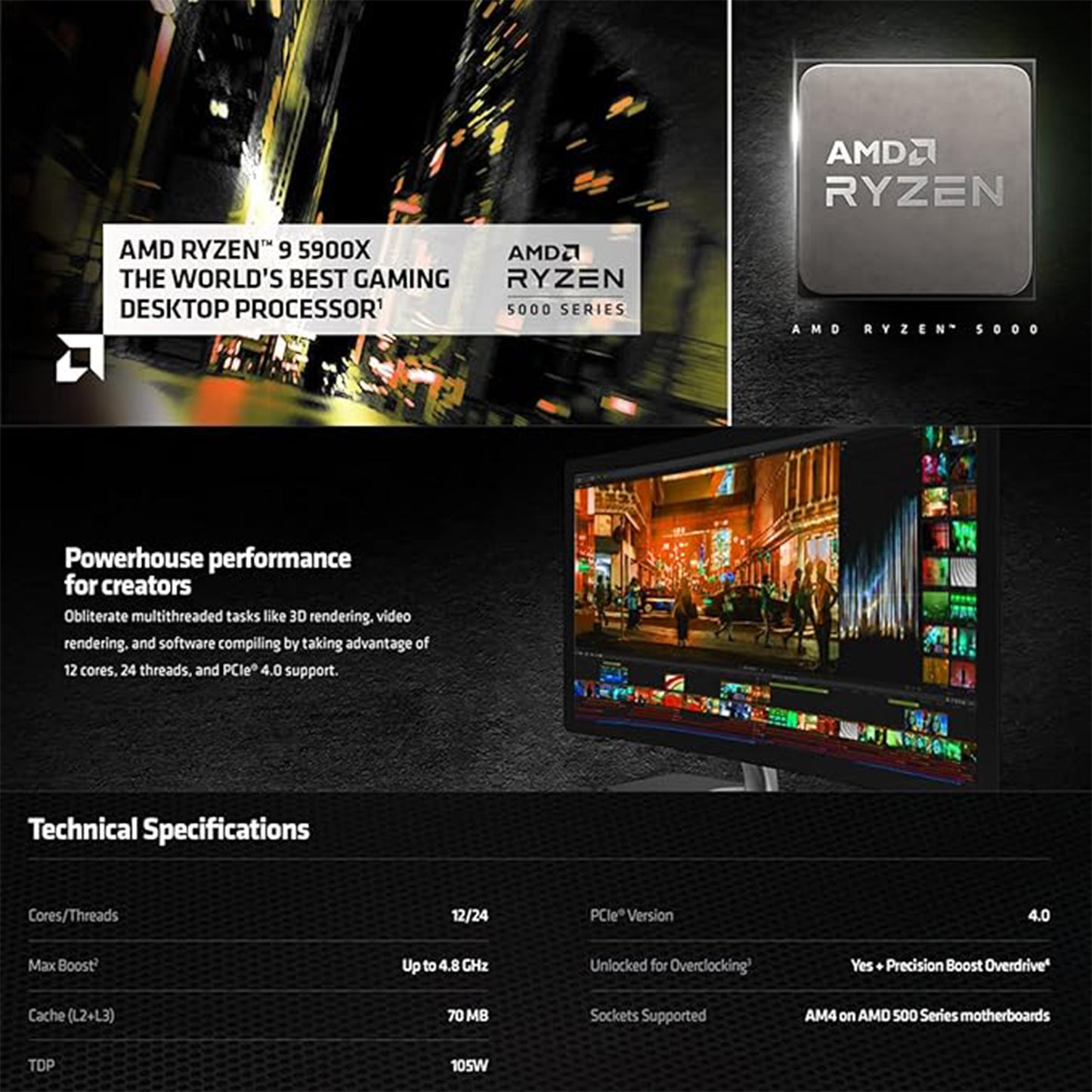 معالج AMD Ryzen 9 5900X ذو 12 نواة و24 خيط ASUS AM4 TUF Gaming X570-Plus (Wi-Fi) AM4 Zen 3 Ryzen 5000 والجيل الثالث Ryzen ATX اللوحة الأم مع PCIe 4.0، 12+2 مع Dr. MOS Power Stage 