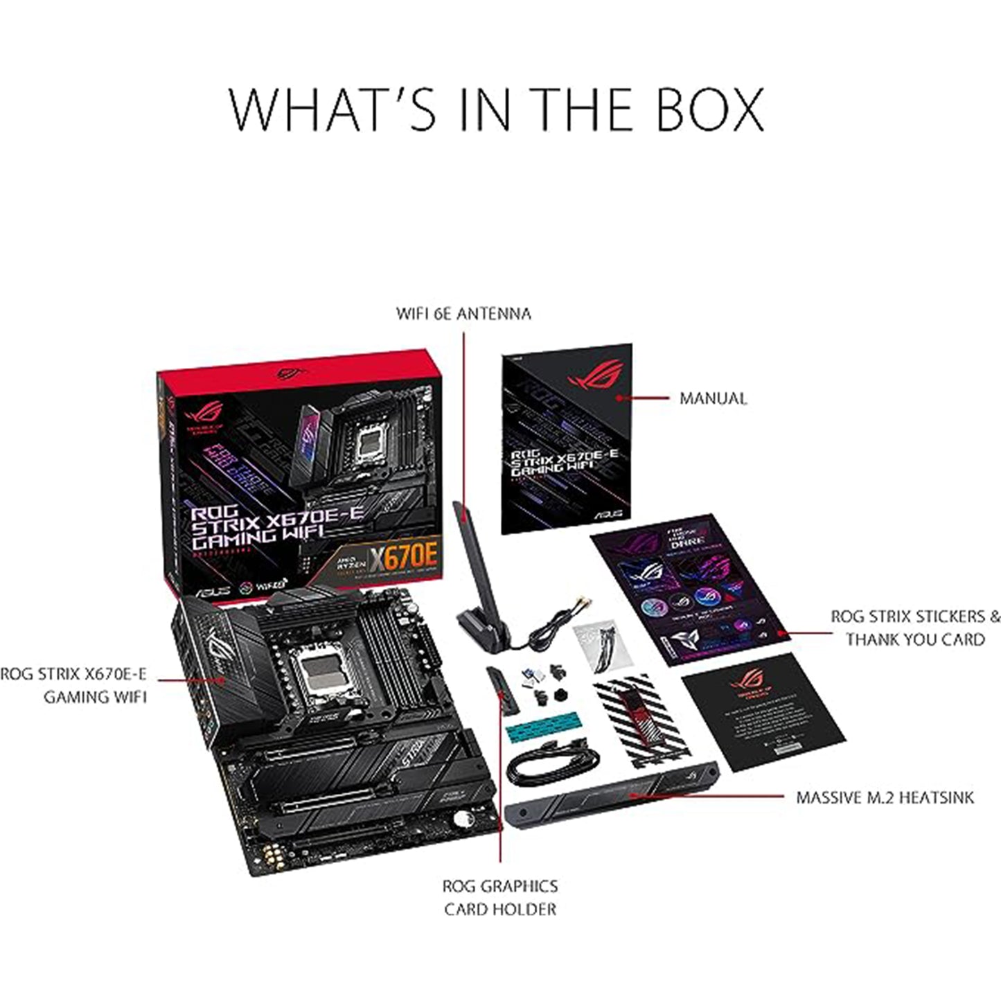 مقبس الألعاب ASUS ROG Strix X670E-E AM5(LGA 1718) Ryzen 7000 ATX (18+2 مرحلة طاقة، PCIe® 5.0، DDR، 4xM.2 فتحات، USB 3.2 Gen 2x2، WiFi 6E، فتحة PCIe Q-Release، M .2 مزلاج Q) 