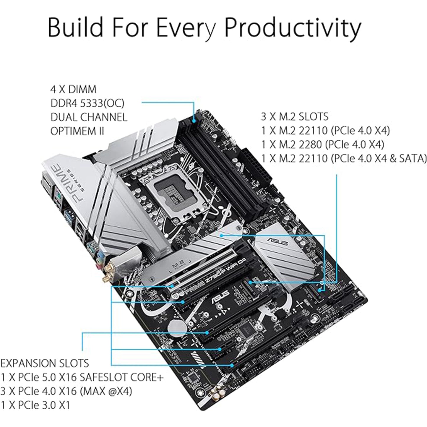 ASUS Prime Z790-P WiFi D4 LGA 1700 (Intel 14th، 12th، 13th Gen) اللوحة الأم ATX (PCIe 5.0، DDR4،14+1DrMOS، 3x M.2، WiFi 6، Bluetooth v5.2، 2.5Gb LAN، اللوحة الأمامية USB 3.2 Gen 2 USB من النوع C، Thunderbolt 4/USB4) 