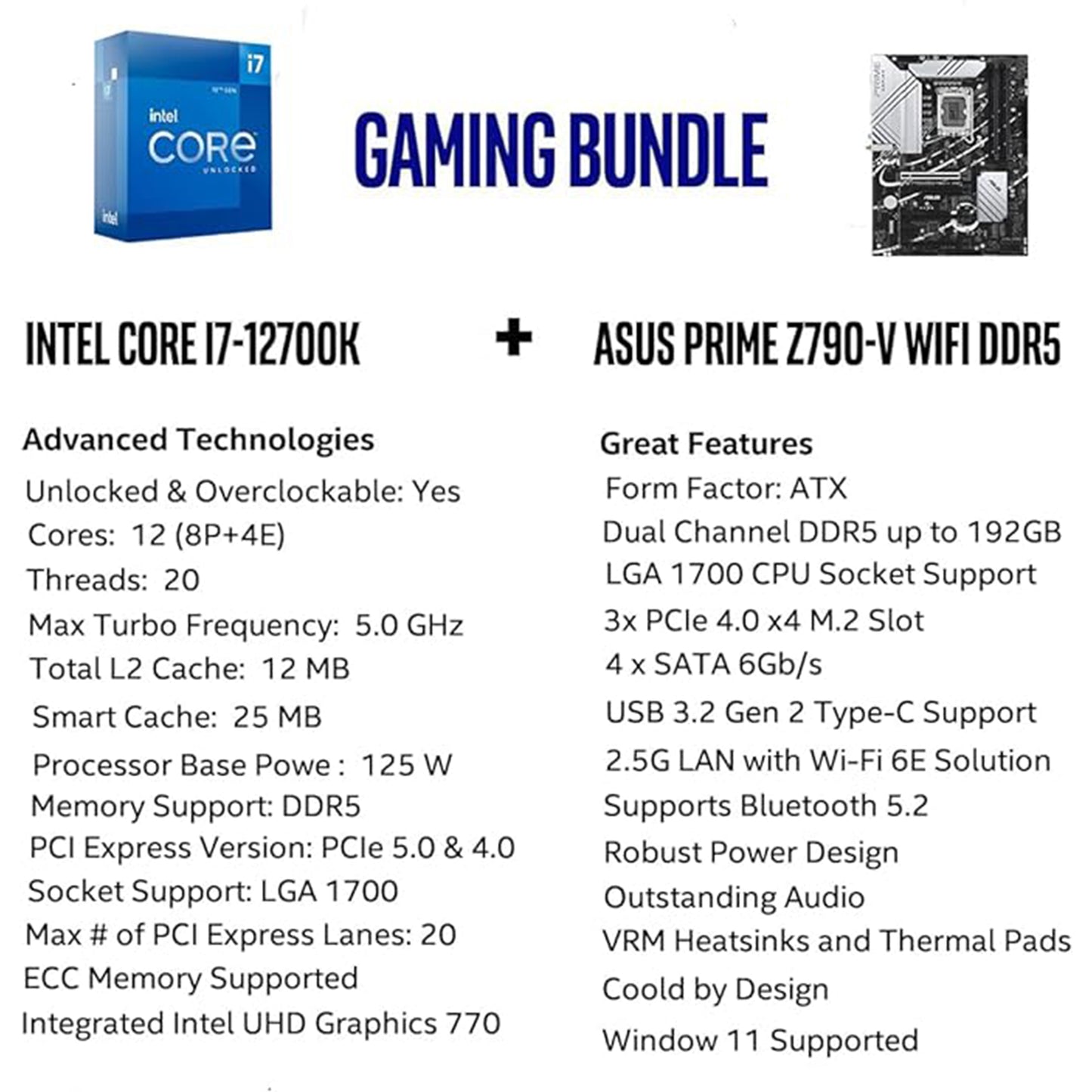 Micro Center Intel Core i7-12700K 12 (8P+4E) Cores up to 5.0 GHz Unlocked Desktop Processor with Integrated Intel UHD Graphics 770 Bundle with ASUS Prime Z790-P WiFi DDR5 ATX Gaming Motherboard