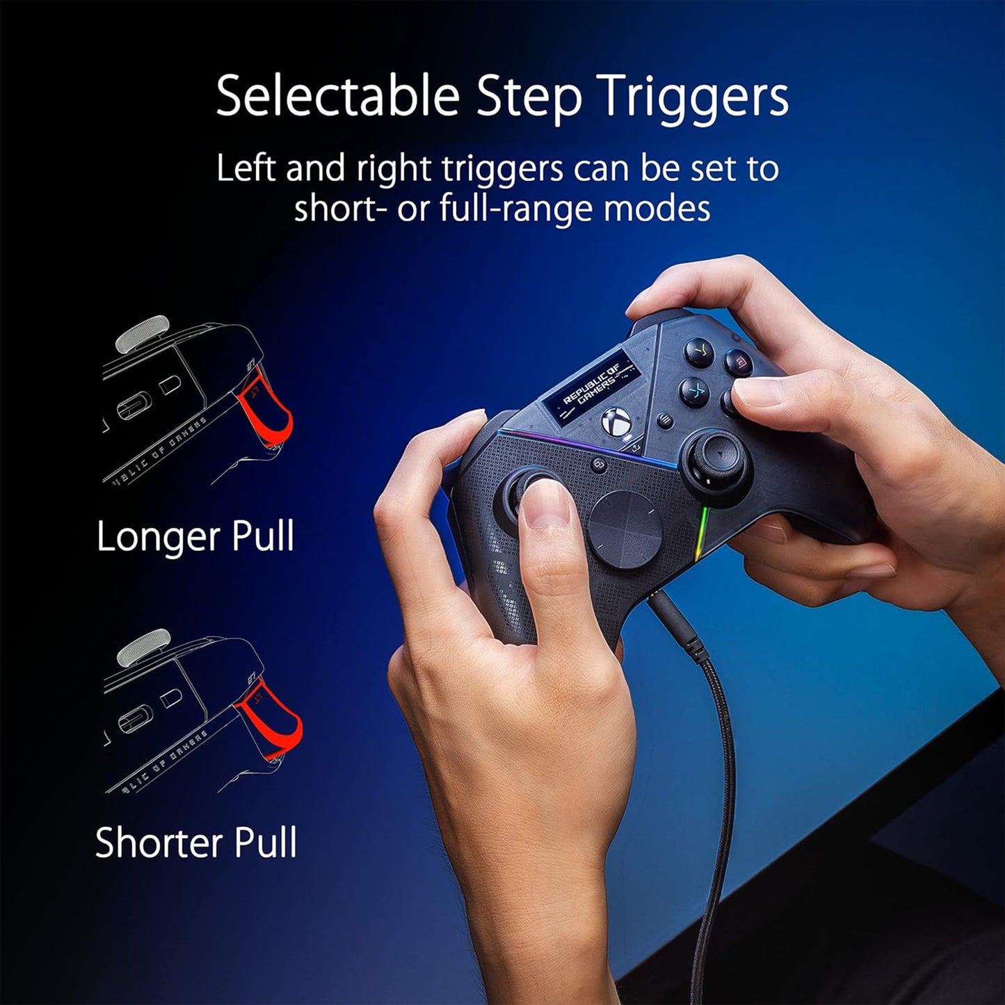 ASUS ROG Raikiri Pro OLED Display, tri-Mode connectivity, remappable Buttons&triggers, 4 Rear Buttons, Step&Linear triggers, Adjustable Joystick Sensitivity, 3.5mm Jack with ESS DAC, for PC and Xbox