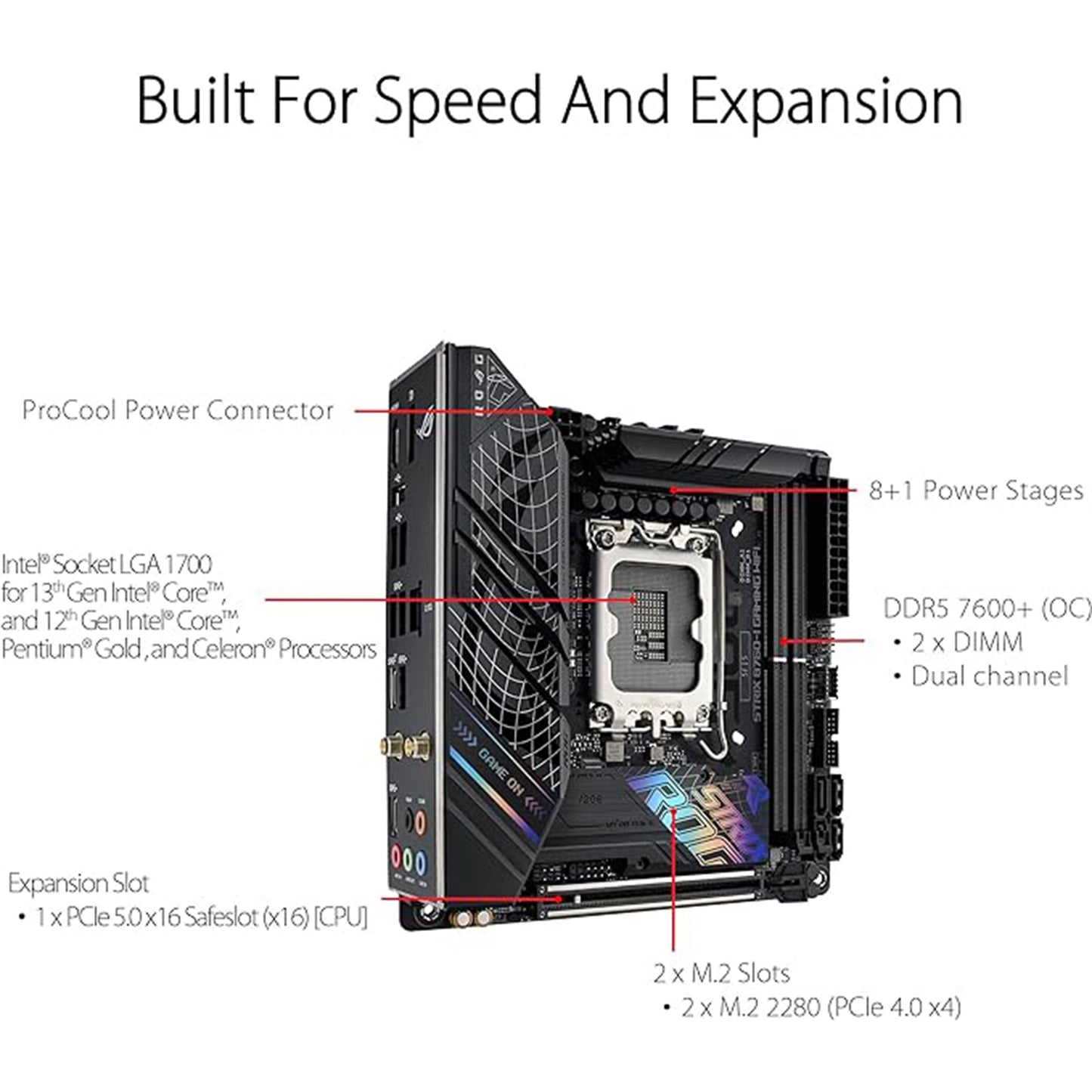 ASUS ROG Strix B760-I Gaming WiFi 6E Intel® B760(13th and 12th Gen)LGA 1700 mini-ITX motherboard,8 + 1 power stages,DDR5 up to 7600 MT/s, PCIe 5.0,2xM.2 slots,USB 3.2 Gen 2x2 Type-C,Aura Sync RGB