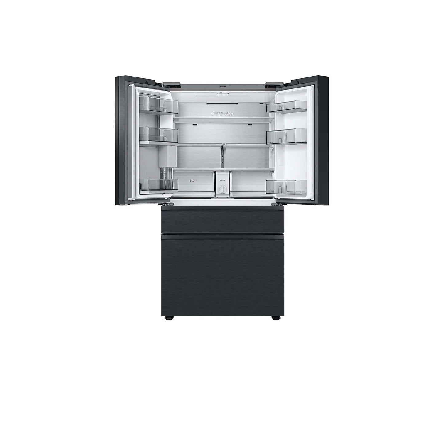 Bespoke 4-Door French Door Refrigerator (23 cu. ft.) – with Top Left and Family Hub™ Panel in Charcoal Glass - and Matte Black Steel Middle and Bottom Panels.
