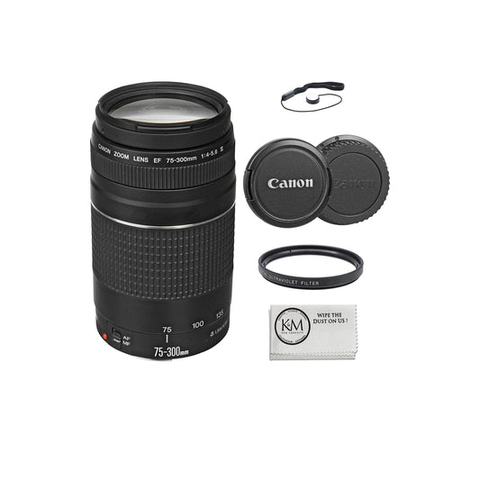 عدسة Canon EF 75-300mm f/4-5.6 III مزودة بمرشح للأشعة فوق البنفسجية مقاس 58 مم + حافظة غطاء العدسة + قطعة قماش للتنظيف من الألياف الدقيقة (4 قطع) 