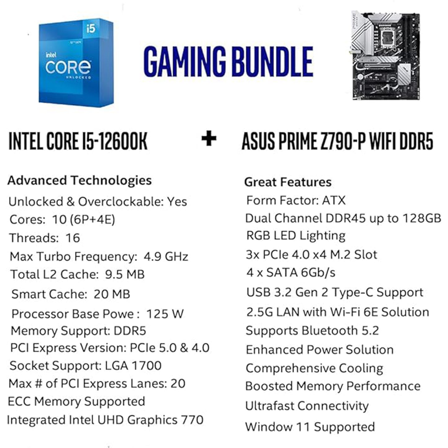 معالج Intel Core i5-12600K 10 (6P+4E) من Micro Center يصل إلى 4.9 جيجاهرتز غير مقفل LGA 1700 معالج سطح المكتب مع حزمة Intel UHD Graphics 770 المدمجة مع اللوحة الأم ASUS Prime Z790-P WiFi DDR5 للألعاب 
