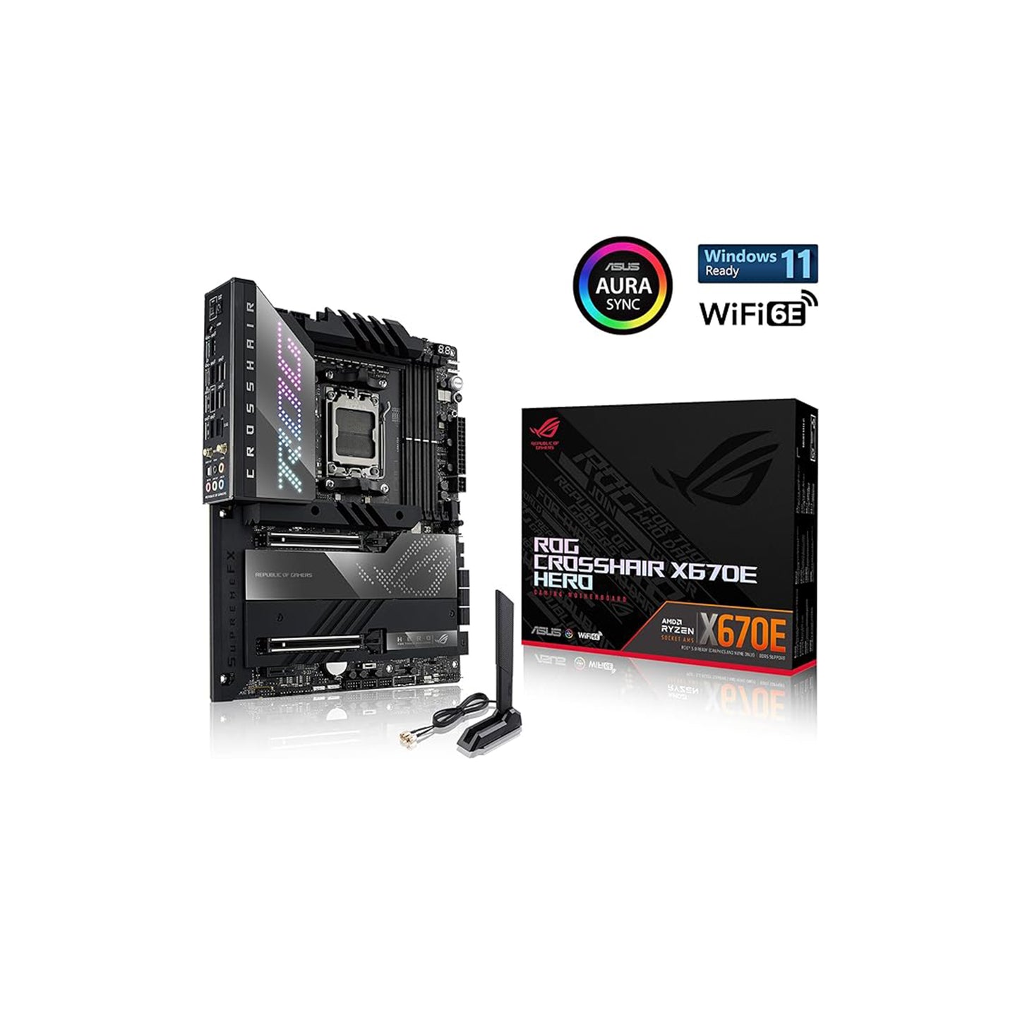 اللوحة الأم ASUS ROG Crosshair X670E Hero (WiFi 6E) مقبس AM5 (LGA 1718) Ryzen 7000 للألعاب (18+2 مرحلة طاقة، PCIe® 5.0، فتحات DDR5,5xM.2، اللوحة الأمامية USB 3.2 Gen 2x2، USB4®، Wi- فاي 6E) 